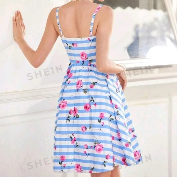 SHEIN DECDS Women'S Striped Flower Printed Cami Dress Size Medium - Picture 2 of 4